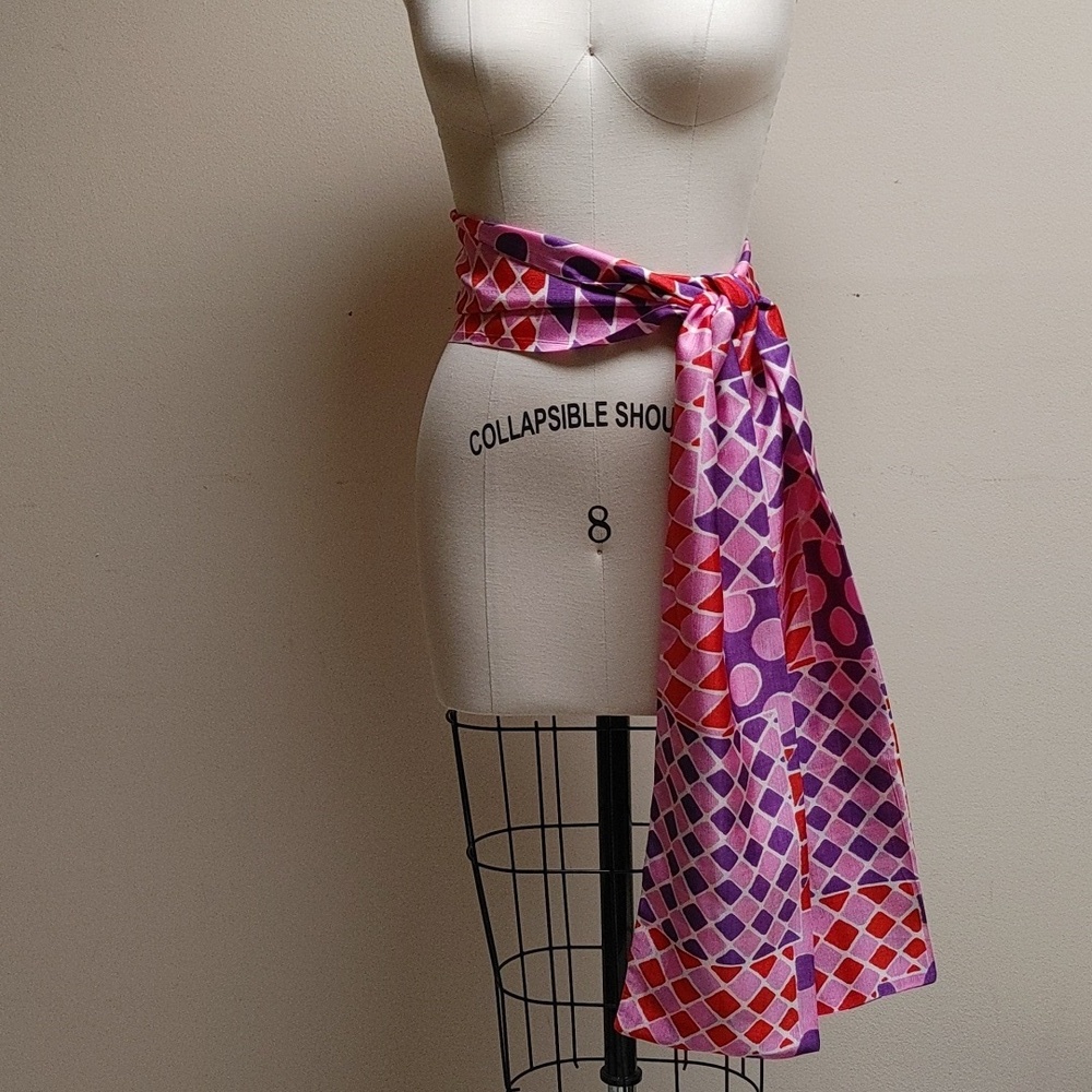 Vintage Sash Scarf Wrap in Circle Diamond Square Print Pink Purple Orange White - Picture 11 of 16